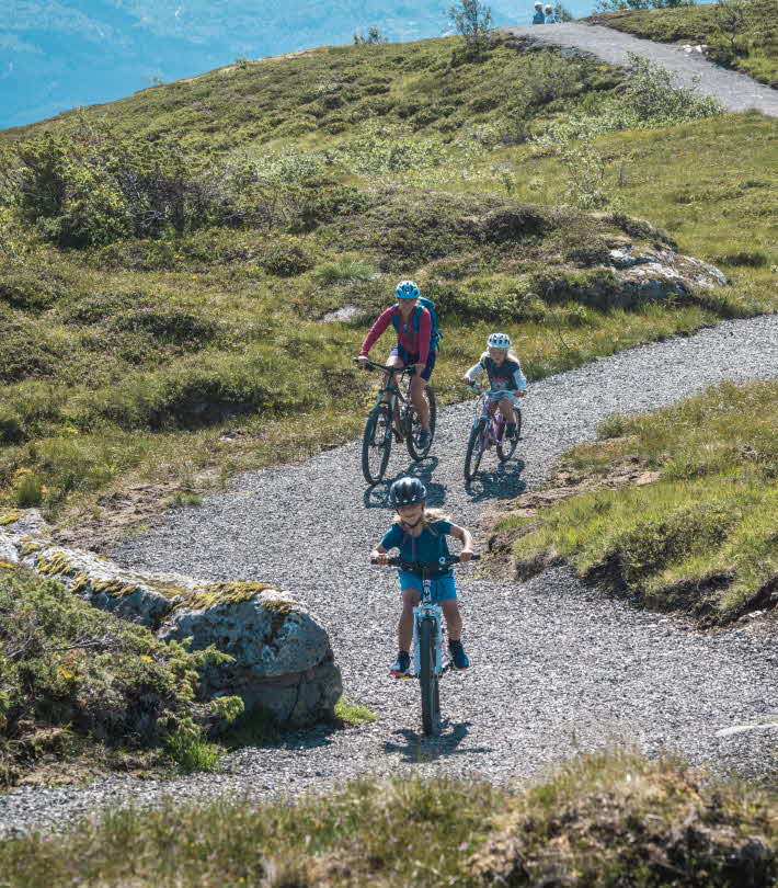 Familie på 4 syklar på off-road stien på toppen av Voss Gondol