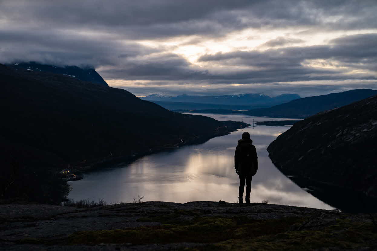 A person looking out on the Rombak fjord and Hålogaland bridge