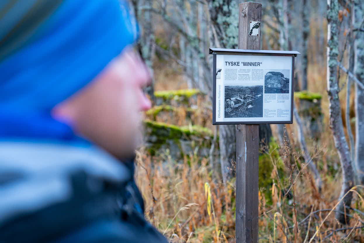 A man standing in front of a information board on Rallarveien outside Narvik