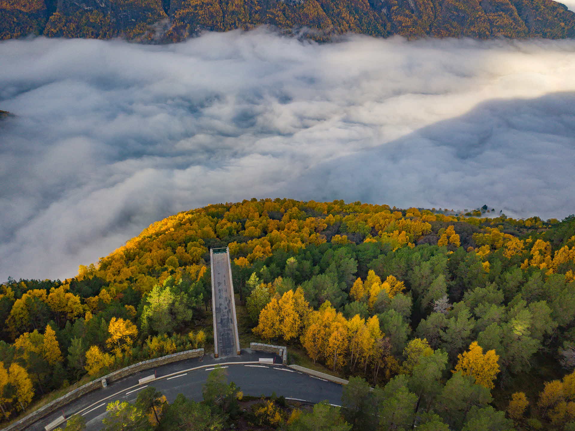 Stegastein Viewpoint from birds eye view overlooking Aurlandsfjord in summer