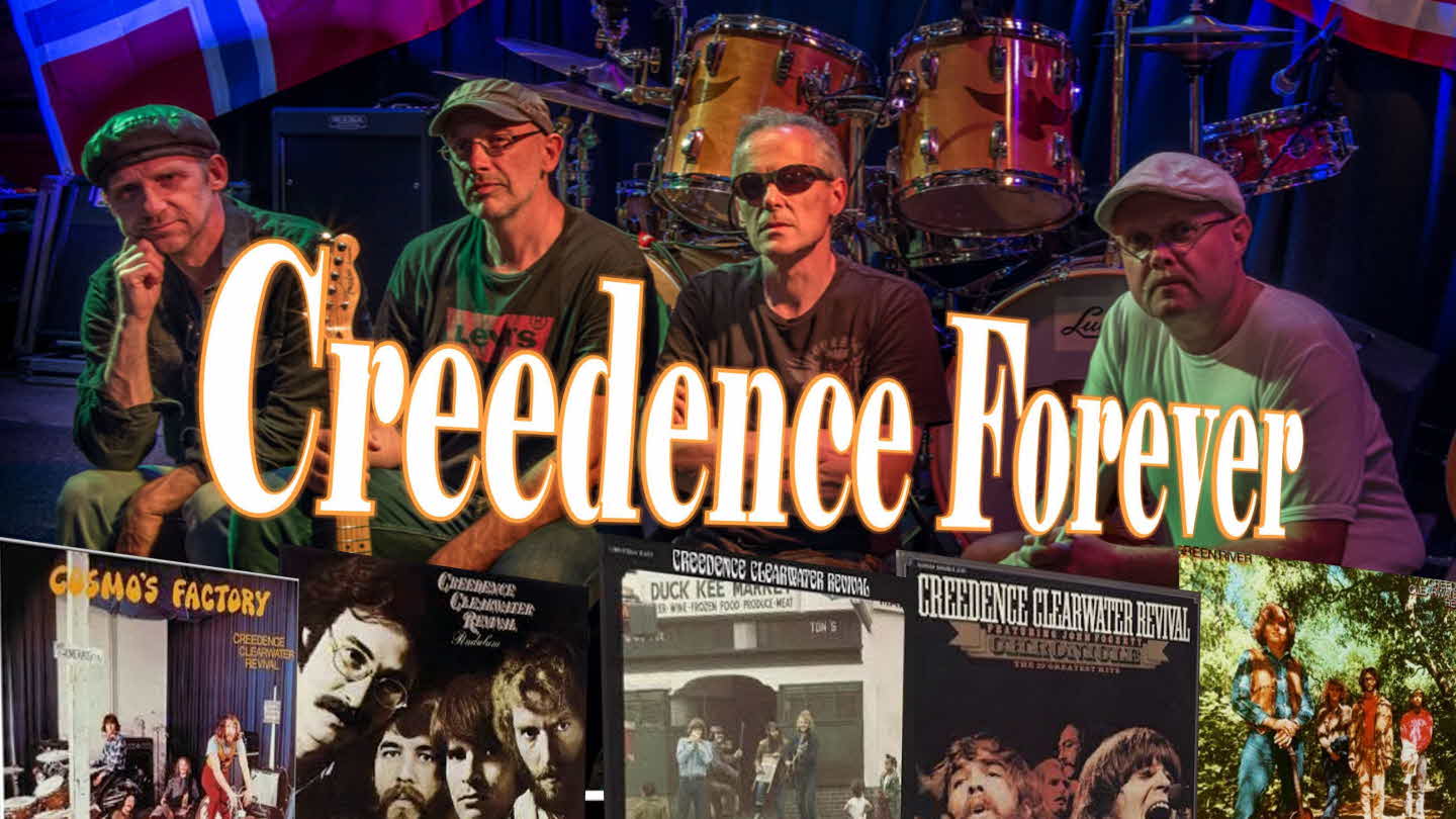 Dei fire bandmedlemmane i Creedence Forever og bilder av albumcover frå Creedence