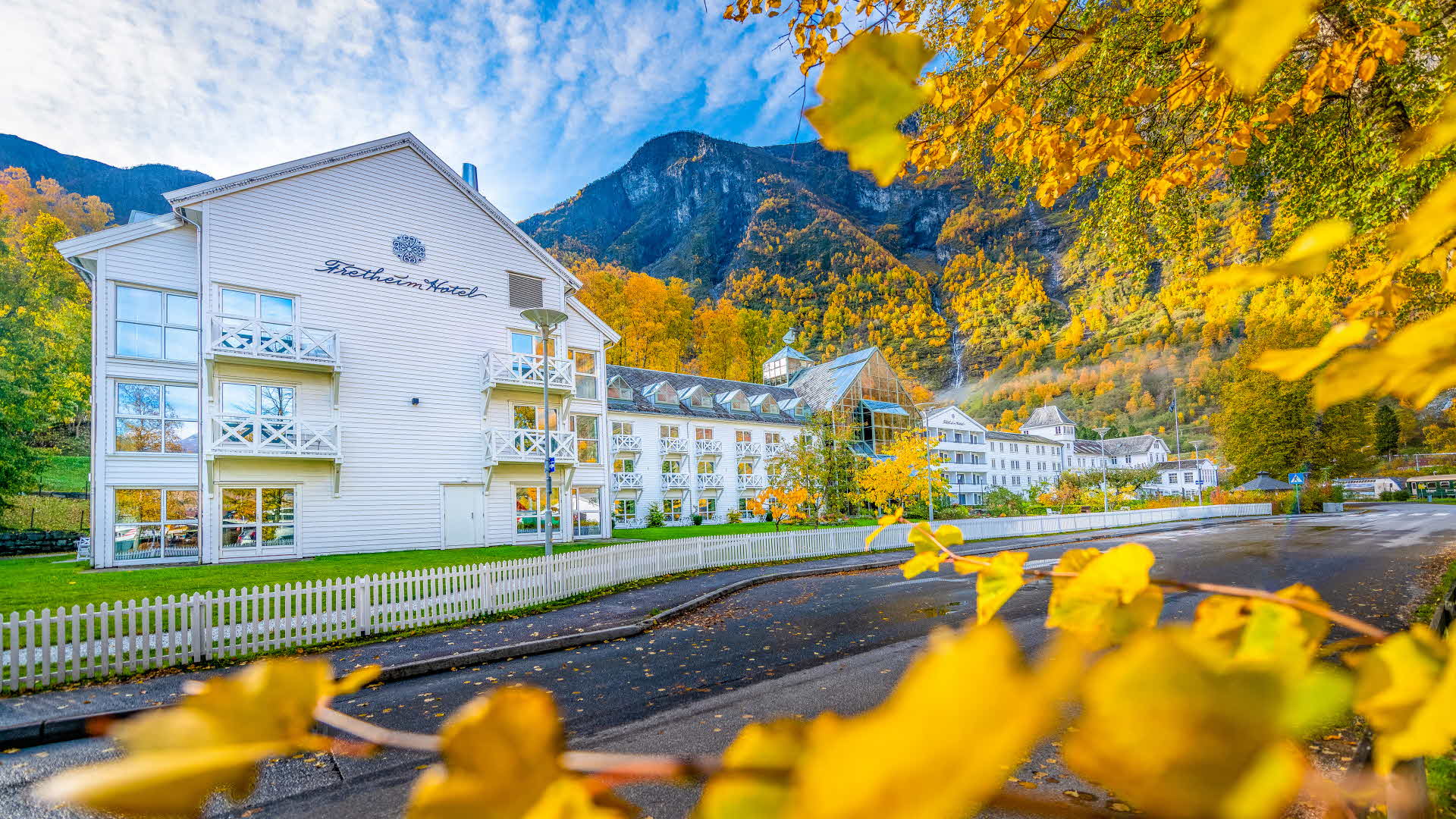 accommodation in flam Fretheim Hotel exterior accommodation in flam Fretheim Hotel exterior in beautiful summer in sunshine tall mountains in background