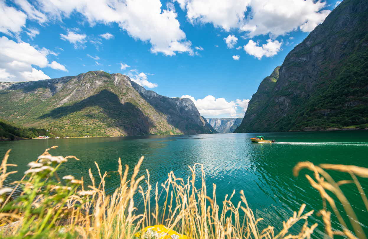 En liten motorbåt segler i retning Dyrdal på Nærøyfjorden