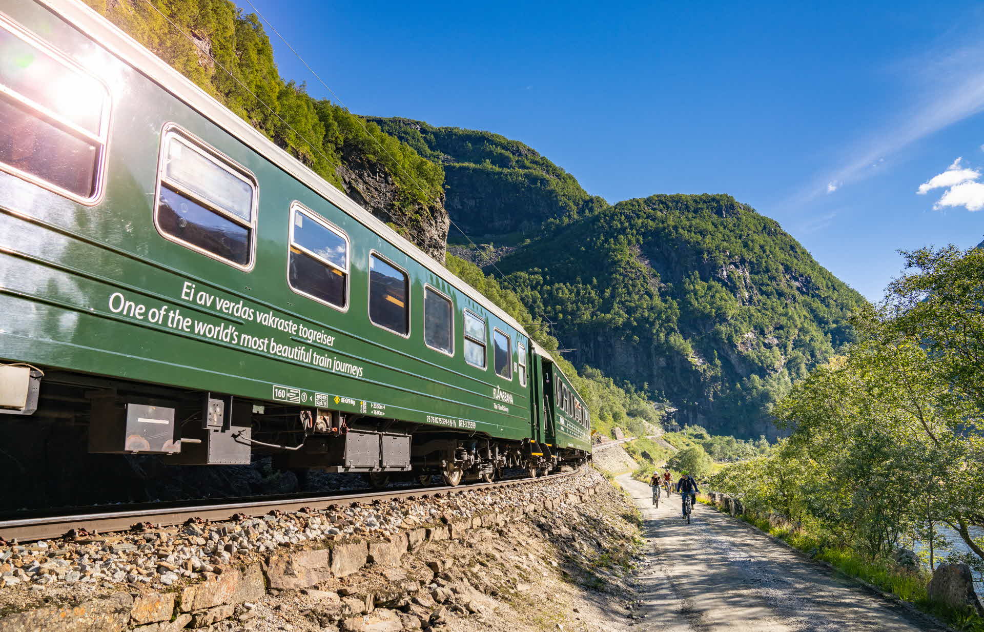 The Flåm Railway in summer landscape on its way down the Flåm Valley.   